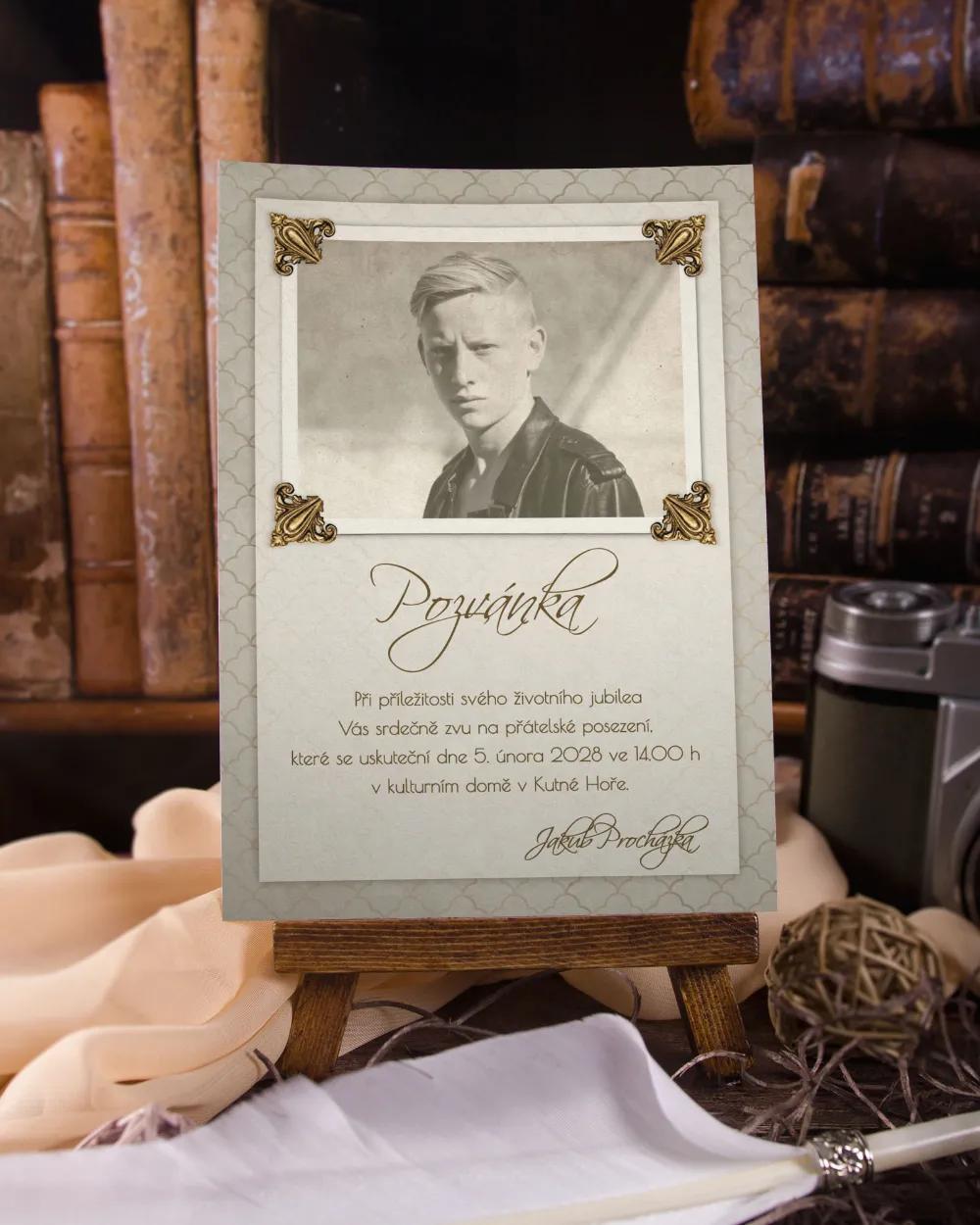 Pozvánka na oslavu narozeniny ve vintage stylu s fotkou 4/5