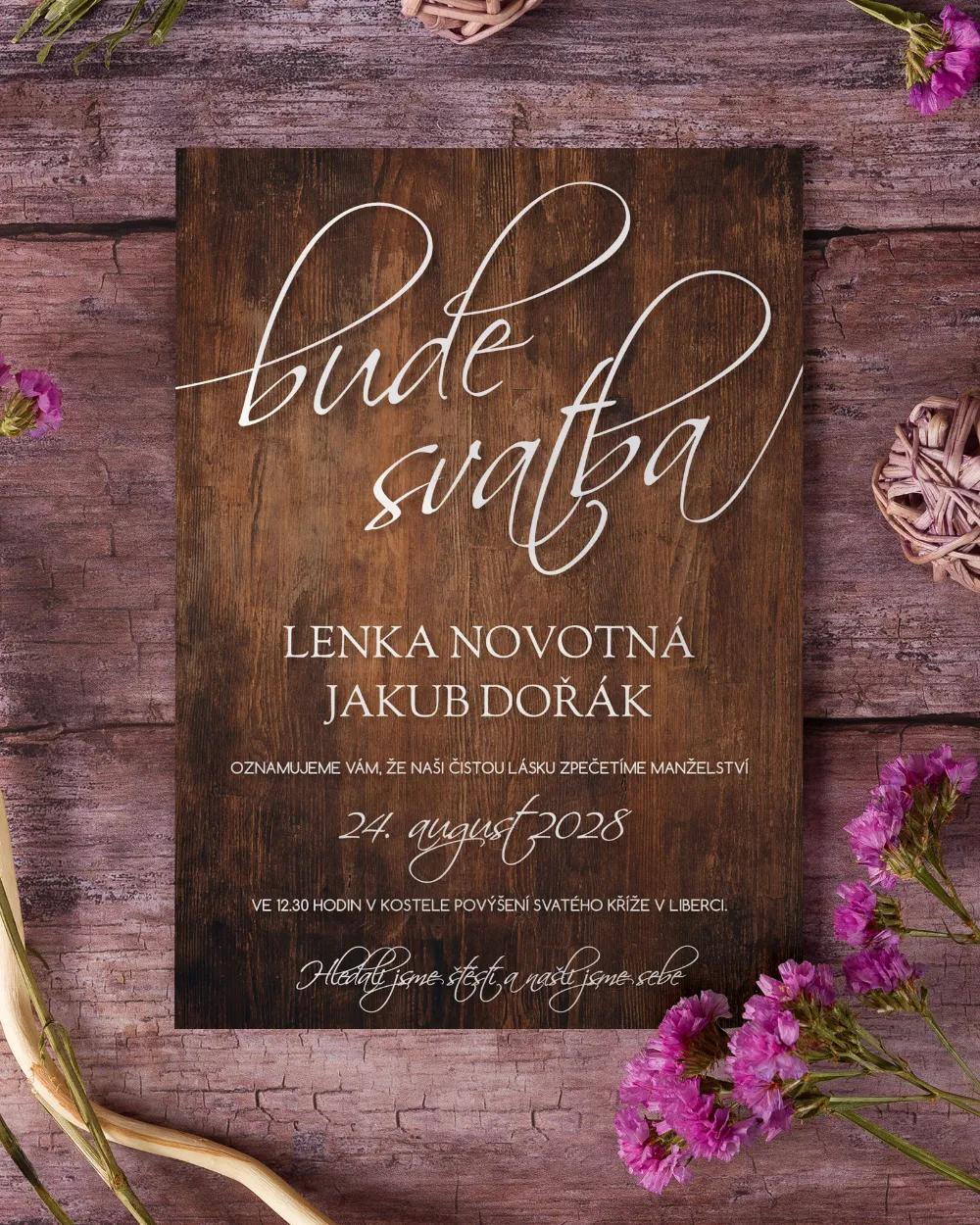 Svatební oznámení s motivem Dřevo (tmavě hnědé)