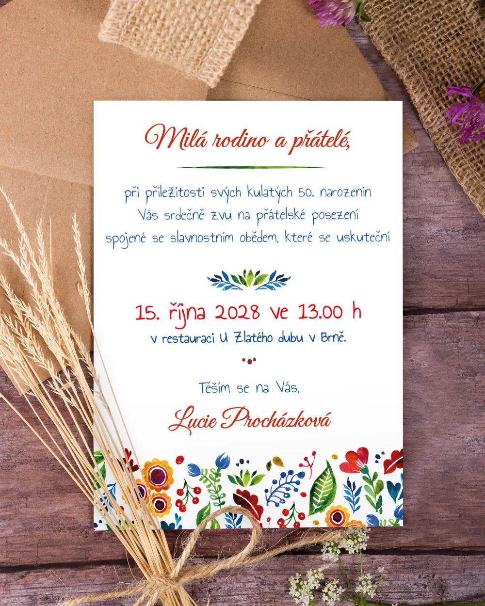 Pozvánka na narozeniny s folklórním motivem 2/3