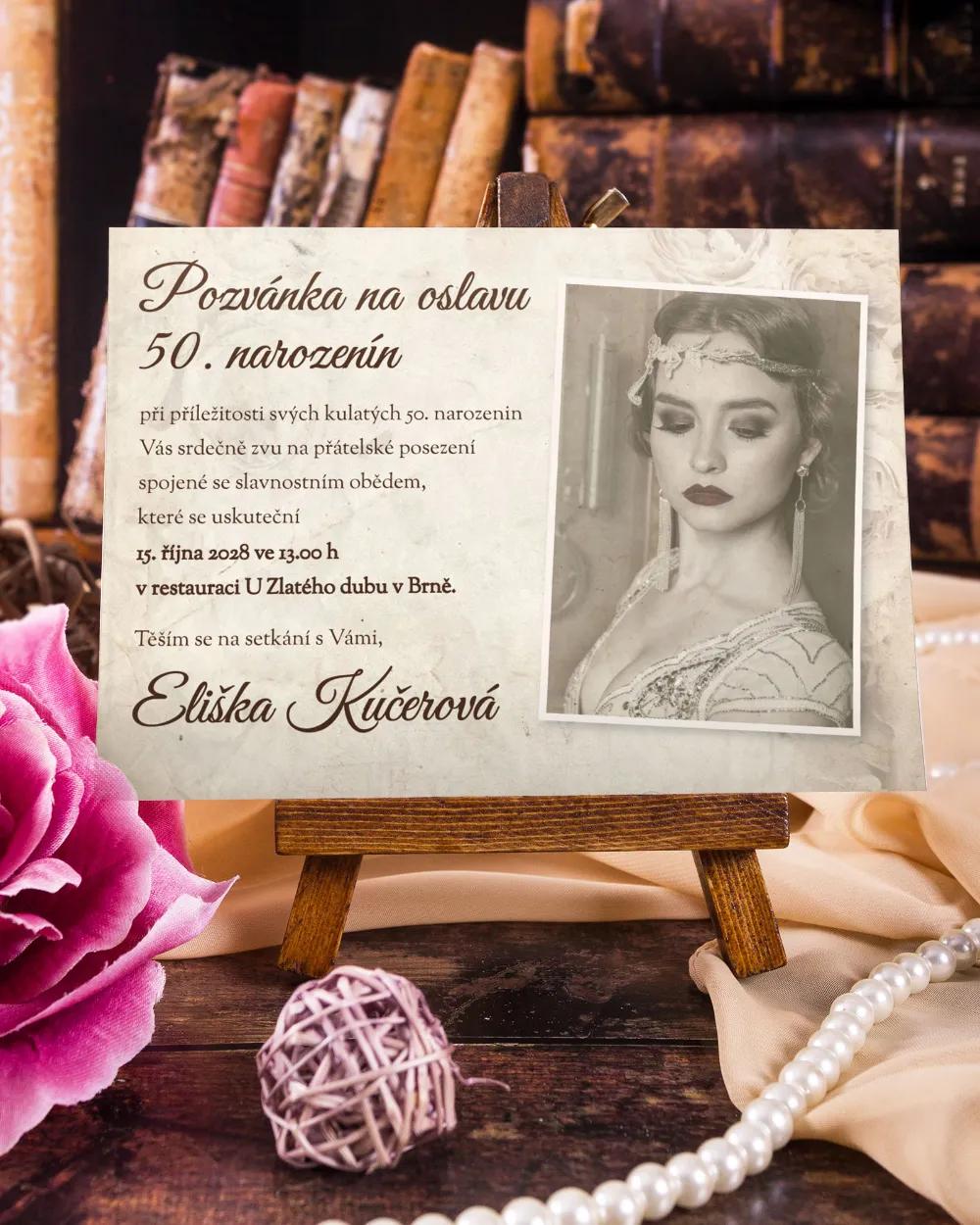 Pozvánka na oslavu narozenin - Vintage motiv s fotkou 1/3