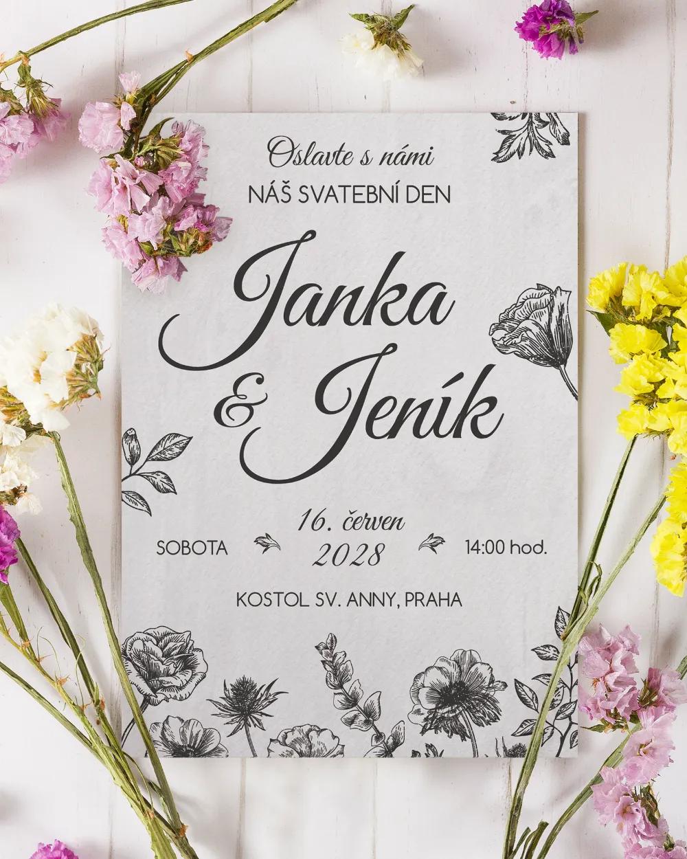 Svatební oznámení se světlým motivem polní květiny