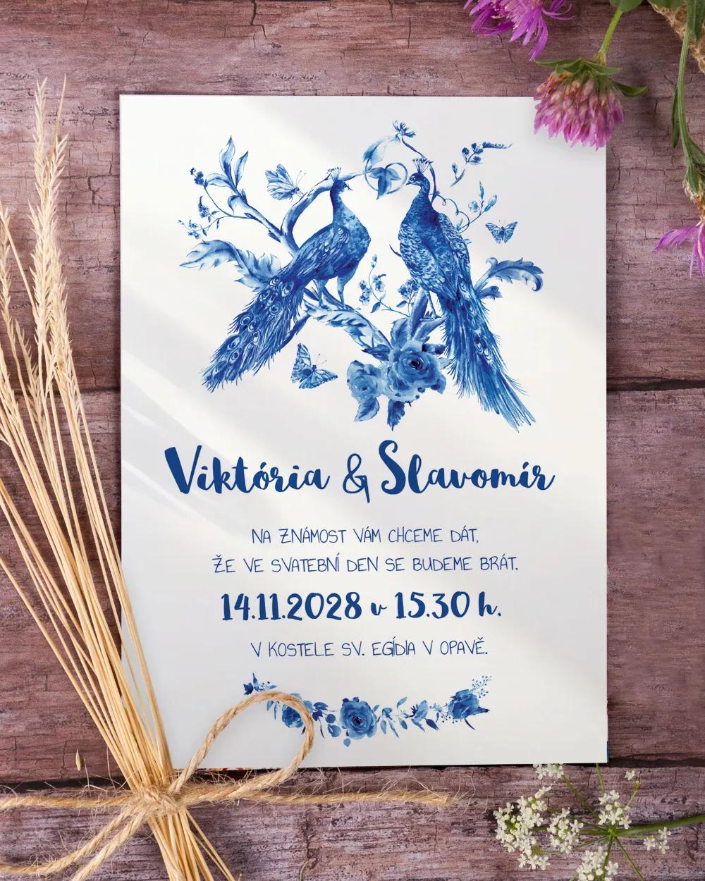 Svatební oznámení - Modré pávy