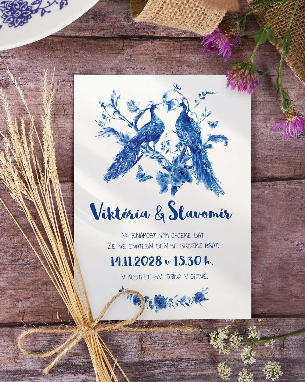 Svatební oznámení - Modré pávy 1/3