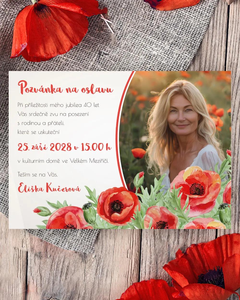 Pozvánka na narozeniny s fotkou Polní máky 01