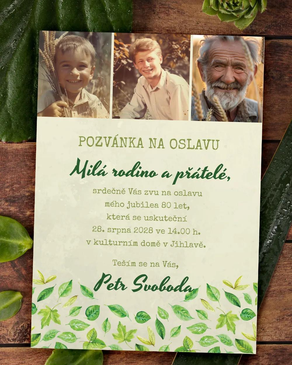 Pozvánka na narozeniny s fotkou Zelené listy
