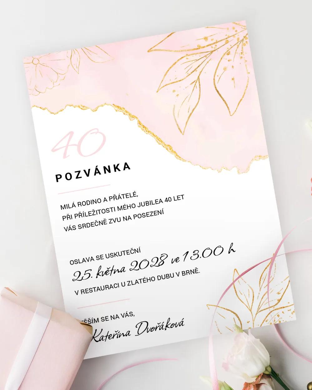 Pozvánka na narozeniny Mramor s květinami 01
