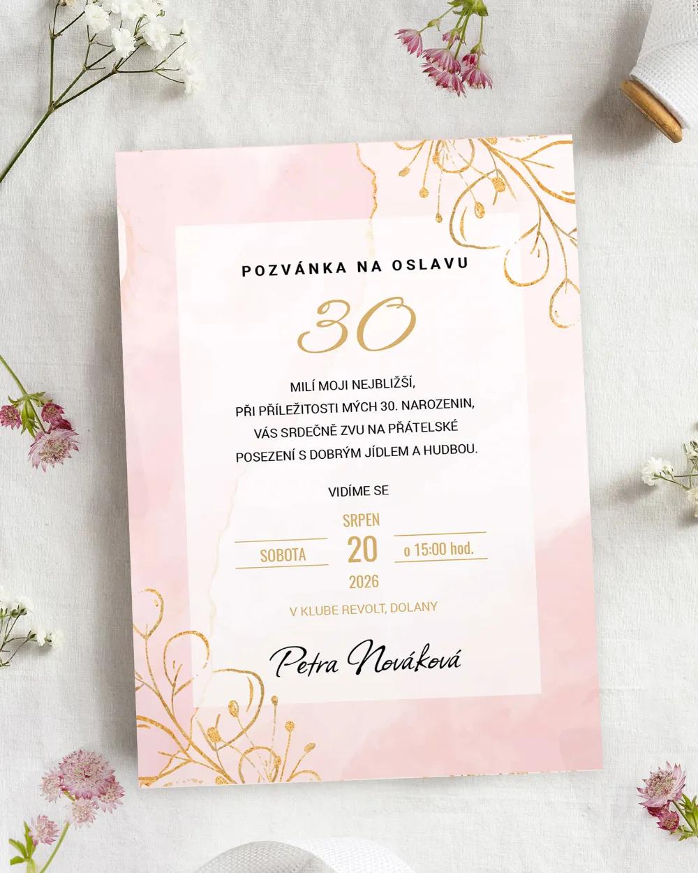 Pozvánka na narozeniny Mramor s květinami 02