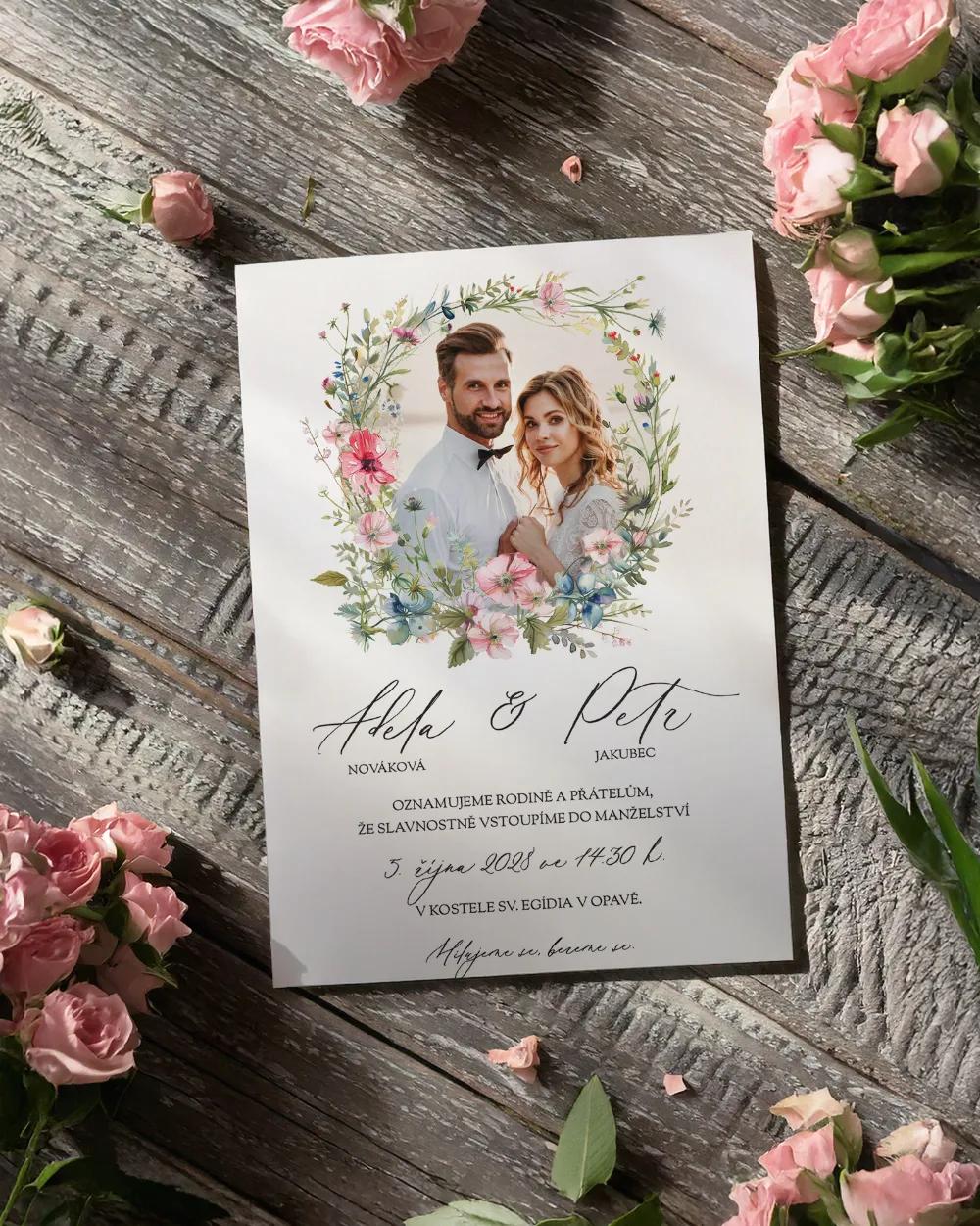 Svatební oznámení s fotkou - Růžový věneček I 1/2