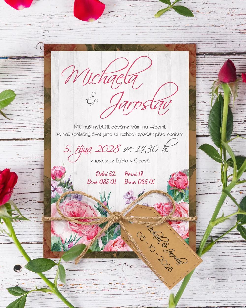 Svatební oznámení s růžemi a vintage prvky