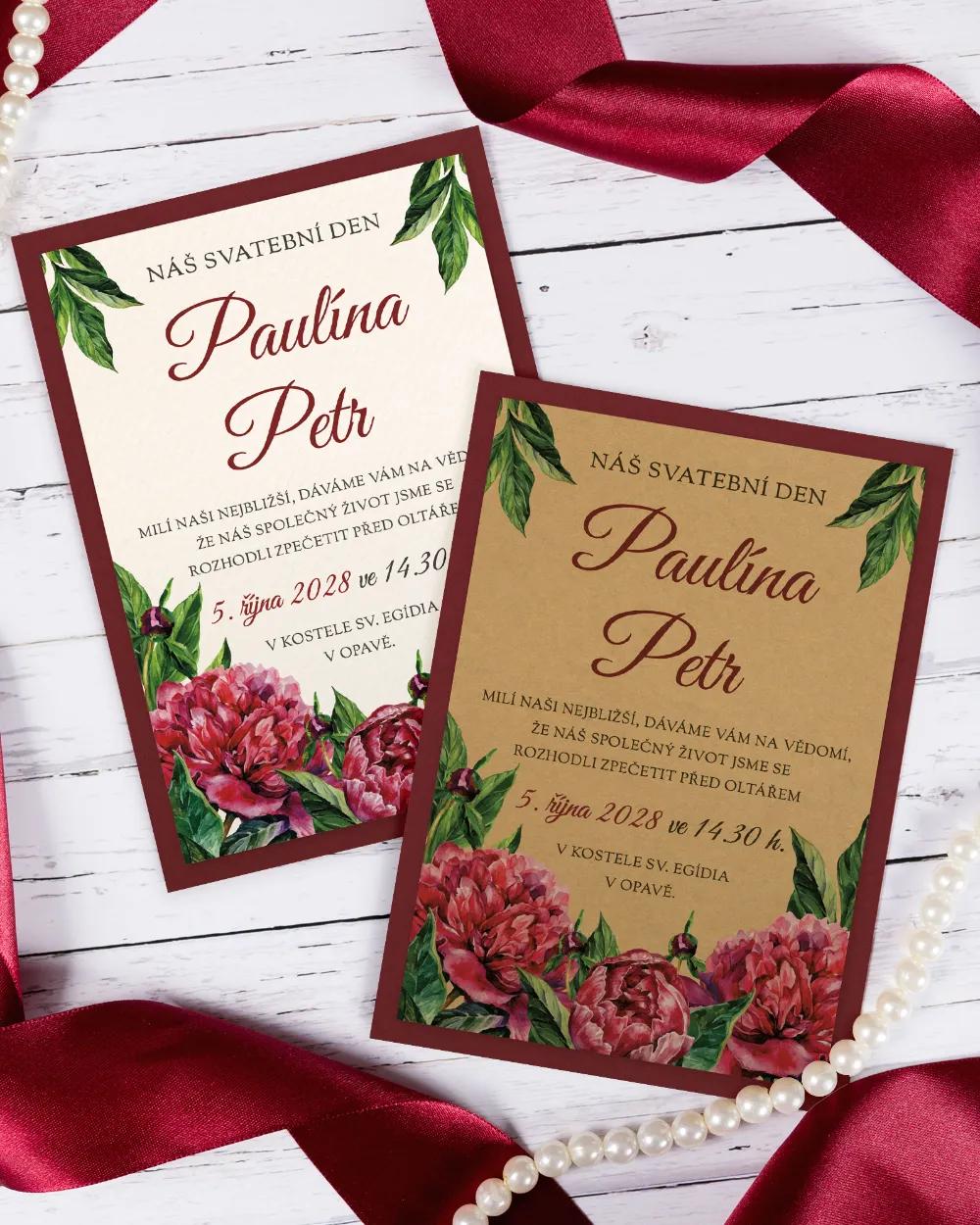 Svatební oznámení s pestrými pivoňkami