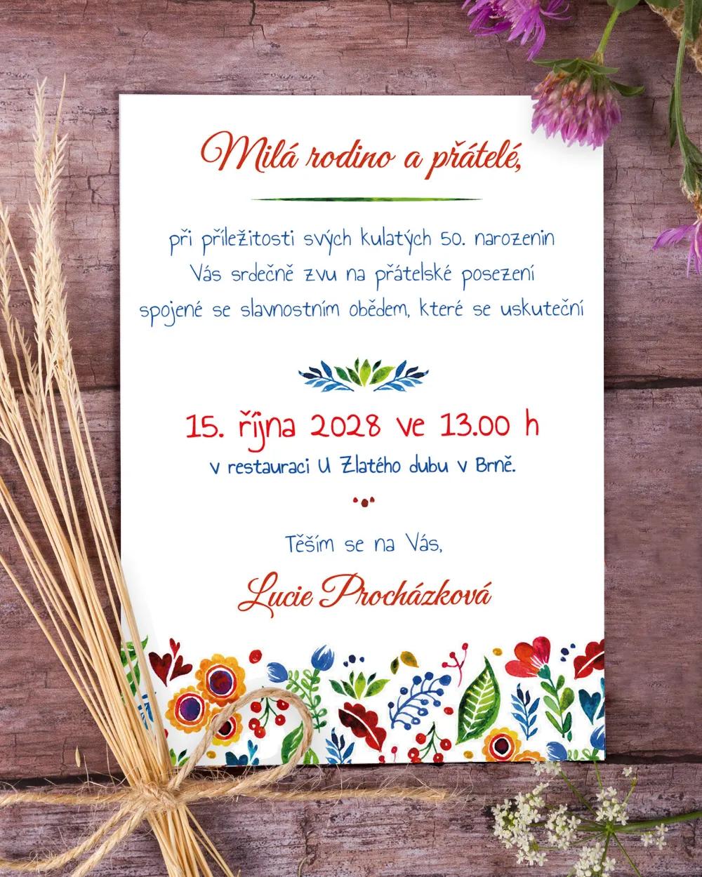 Pozvánka na narozeniny s folklórním motivem