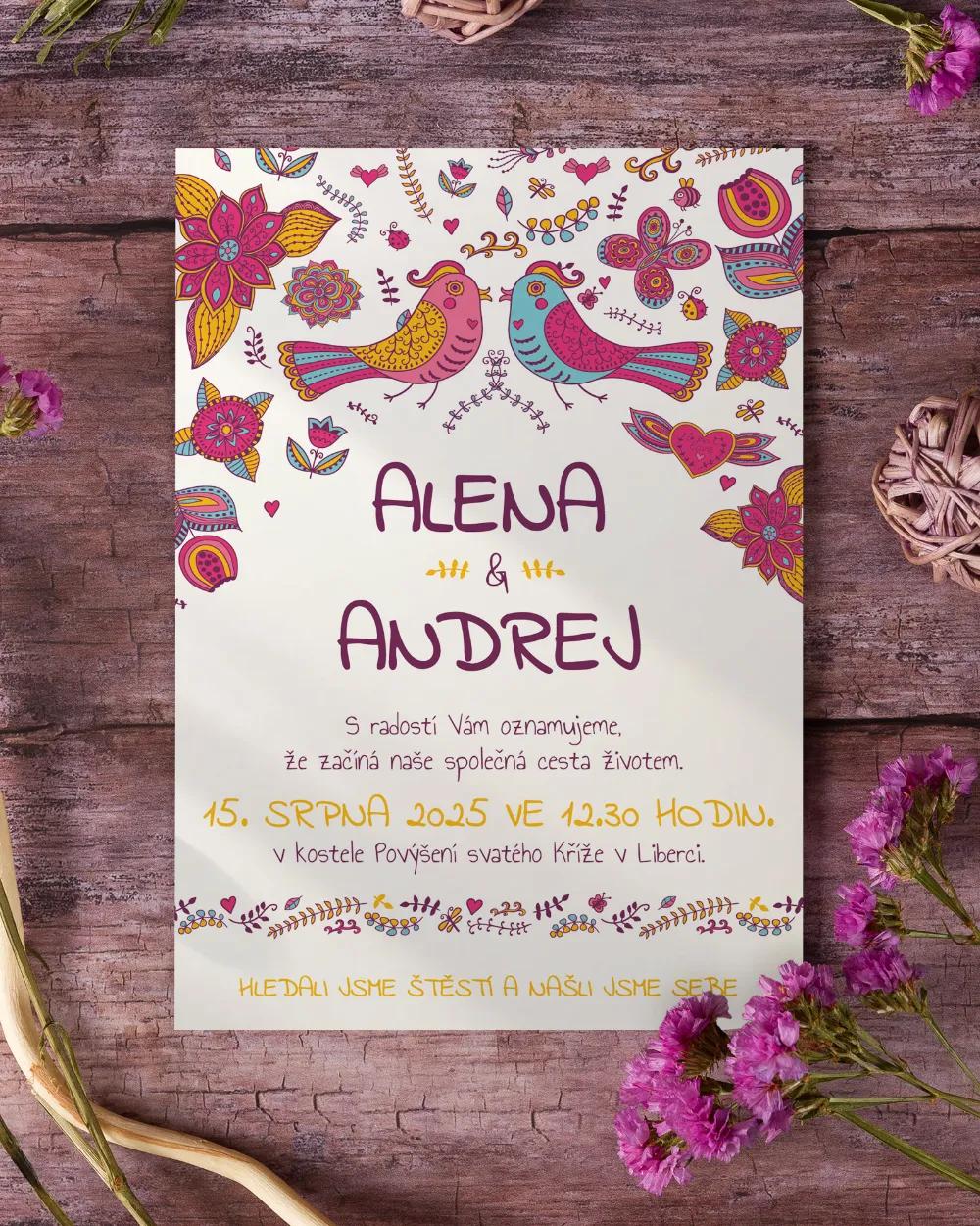 Svatební oznámení - Pestré ptáčci