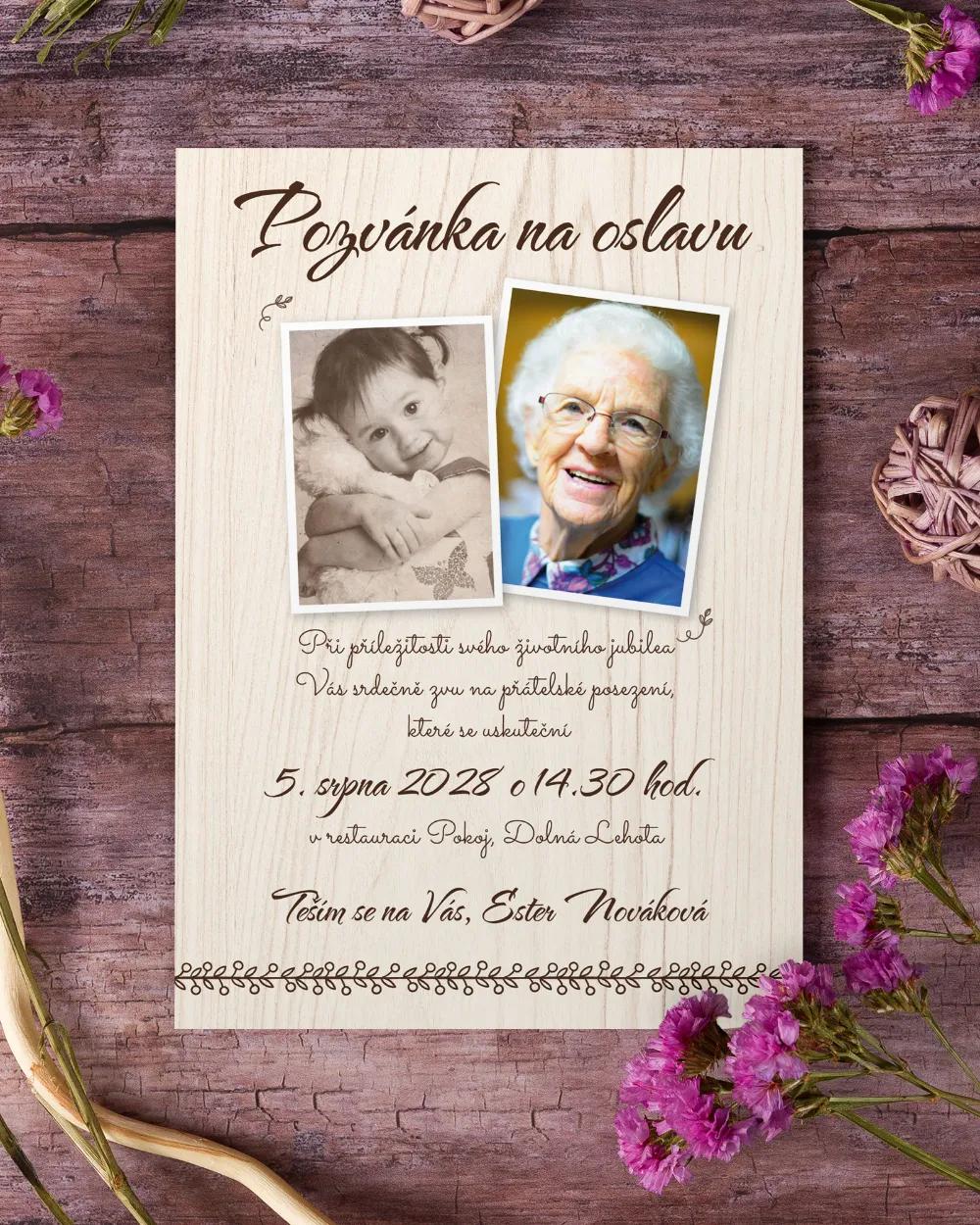 Pozvánka na narozeniny s fotkou Světlé dřevo