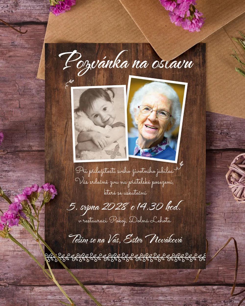 Pozvánka na narozeniny s fotkou Tmavé dřevo