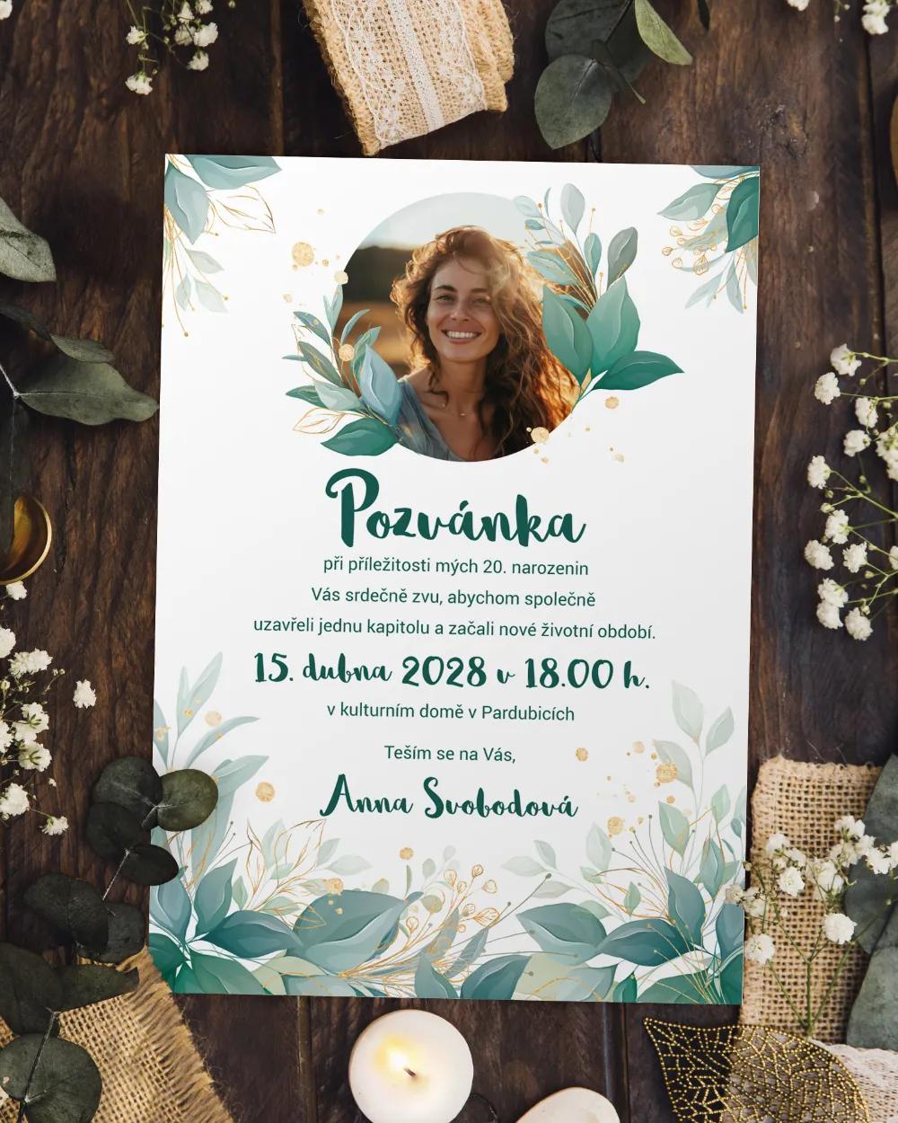 Pozvánka na narozeniny s fotkou Greenery 02
