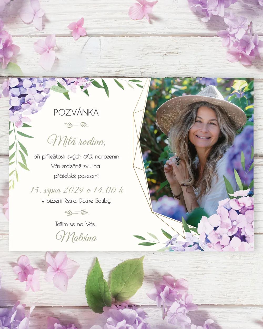 Pozvánka na narozeniny s fotkou Hortenzie