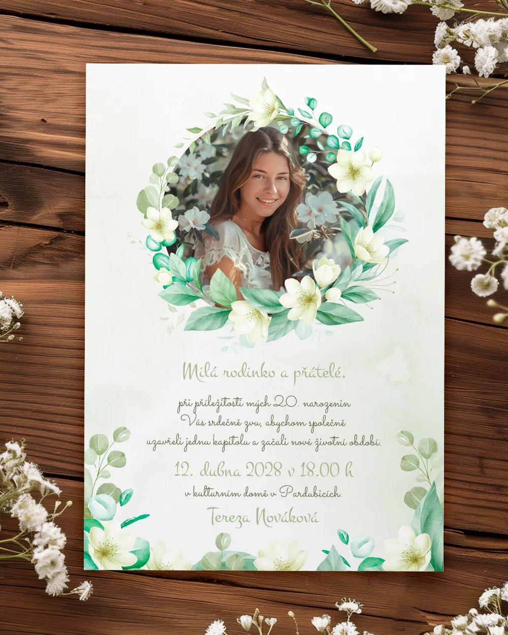 Pozvánka na narozeniny s fotkou Bílé kvítky