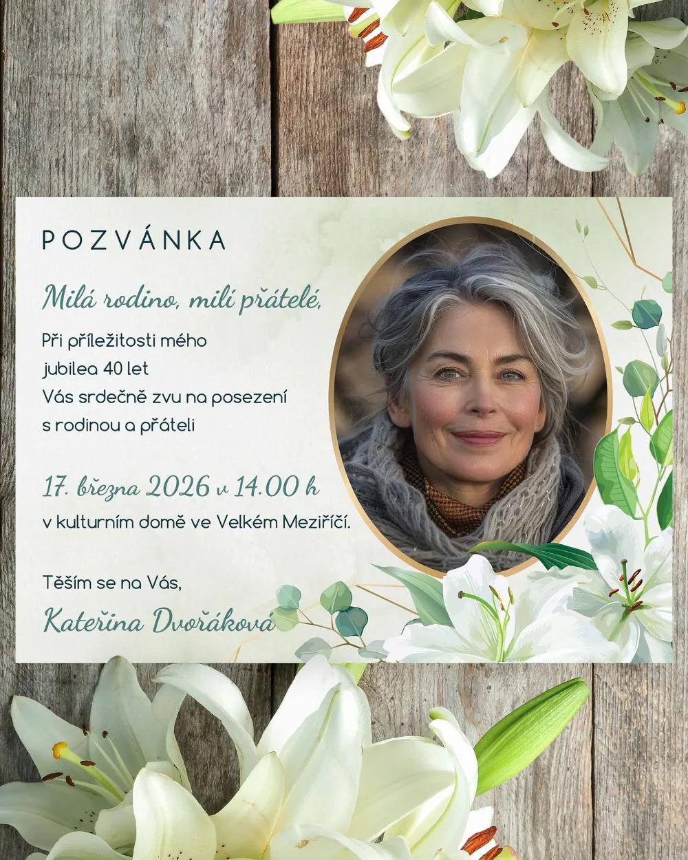 Pozvánka na narozeniny s fotkou Bílé lilie