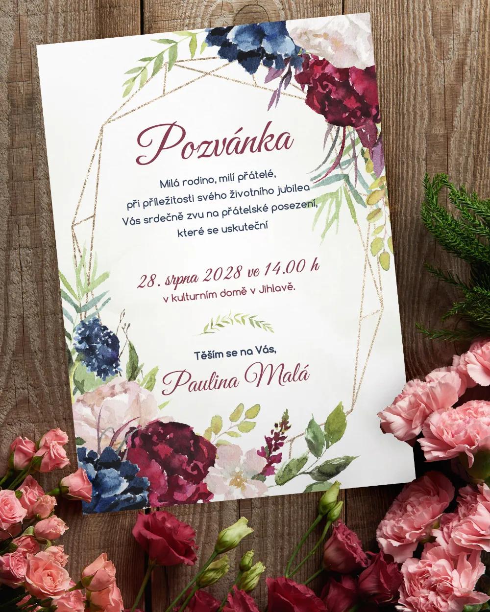 Pozvánka na narozeniny Burgundy růže