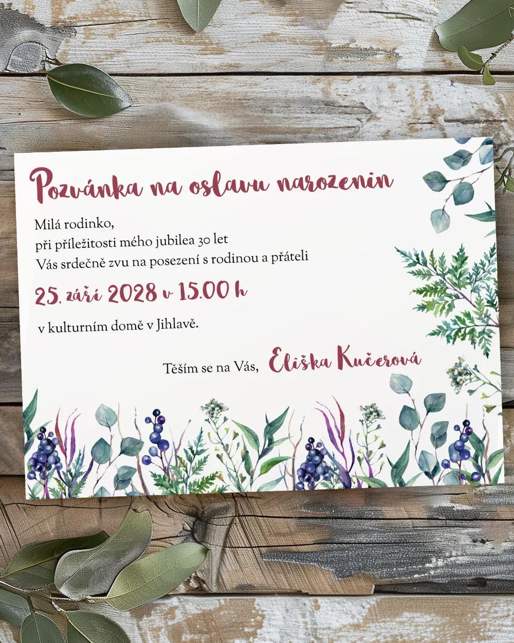 Pozvánka na narozeniny Eukalyptus s bylinkami