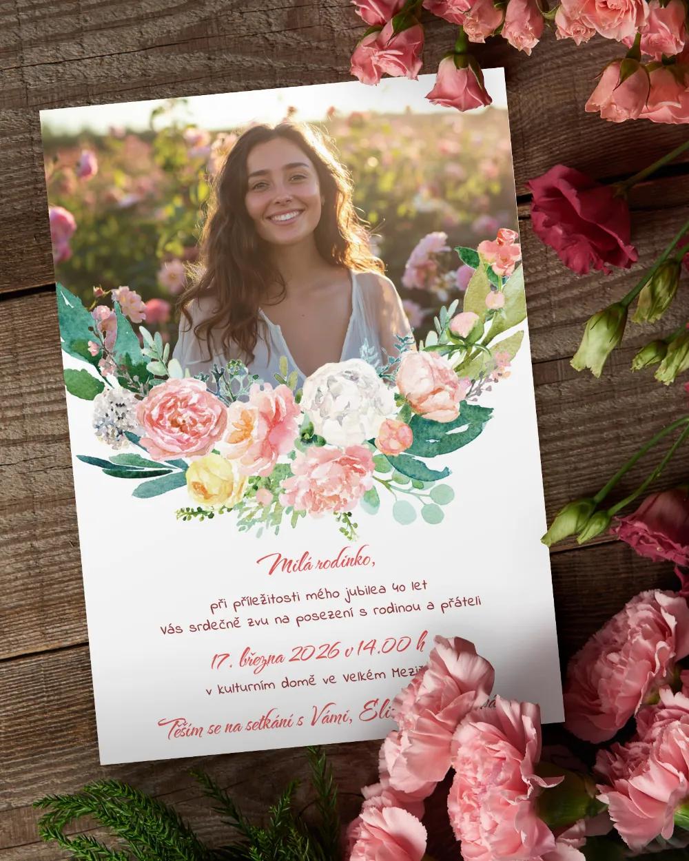 Pozvánka na narozeniny s fotkou Věnec květin