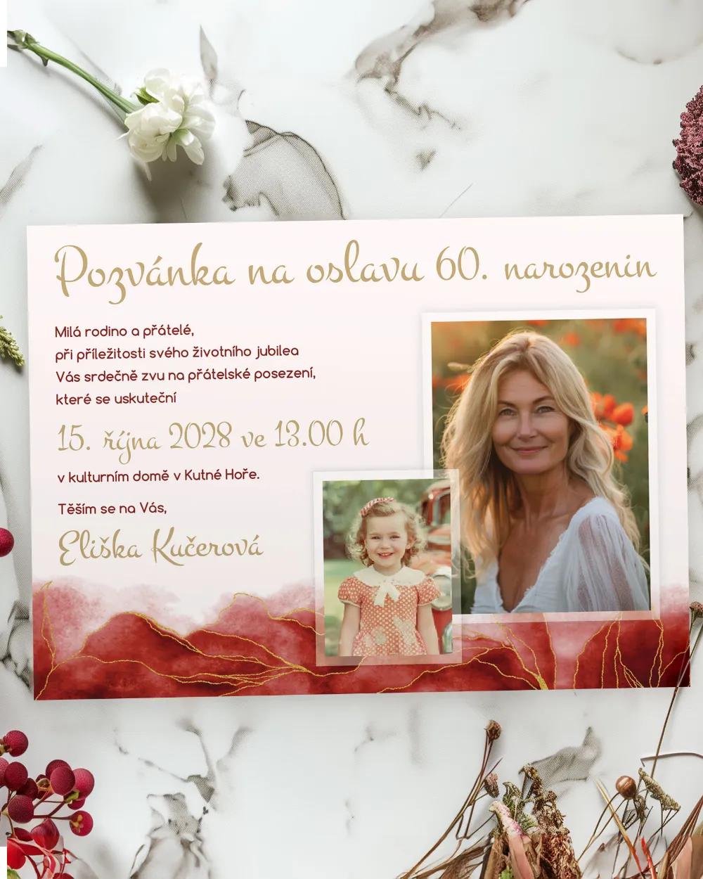 Pozvánka na narozeniny s fotkami Abstrakt 03 bordó