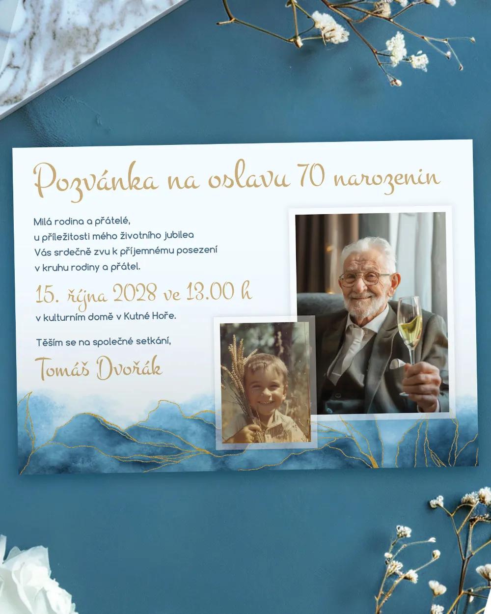 Pozvánka na narozeniny s fotkami Abstrakt 03 modrá