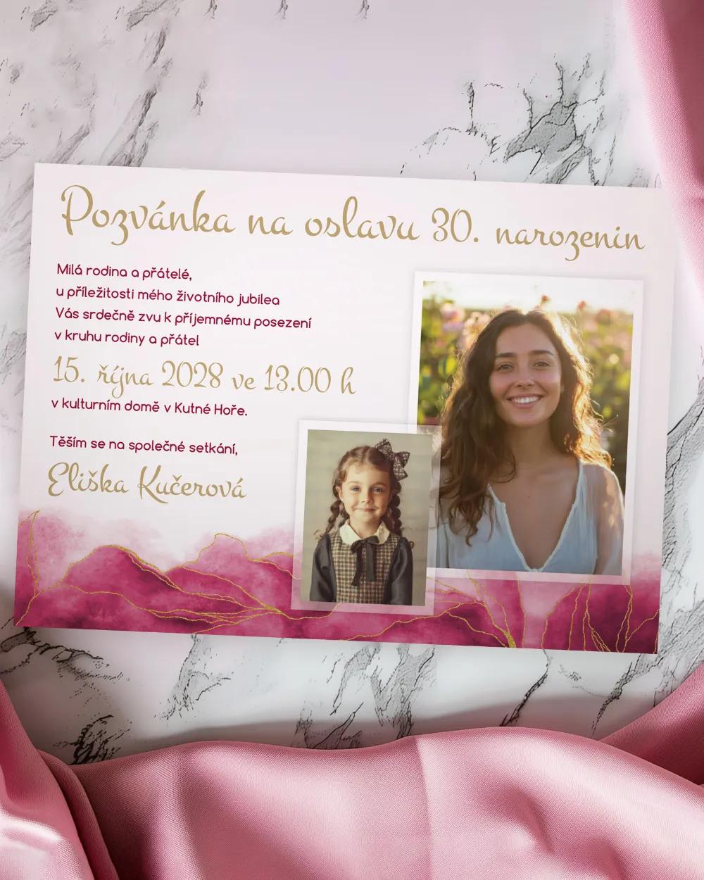 Pozvánka na narozeniny s fotkami Abstrakt 03 růžová