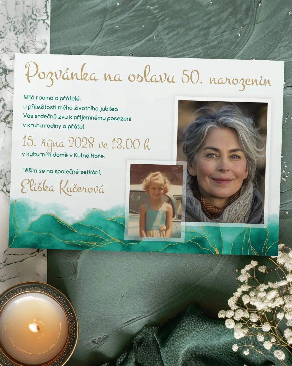 Pozvánka na narozeniny s fotkami Abstrakt 03 smaragdová