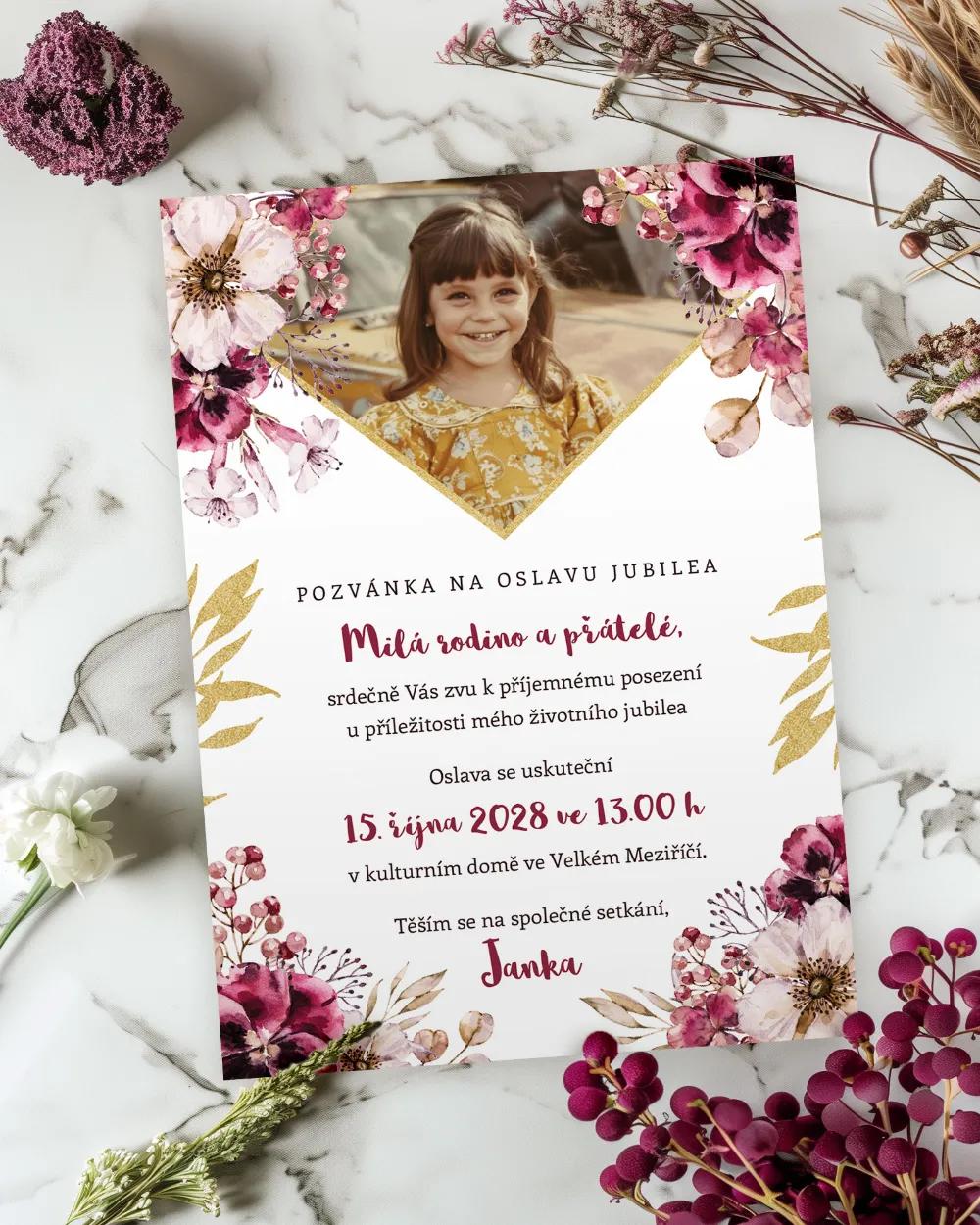 Pozvánka na narozeniny s fotkou Rozkvetlé květiny 02