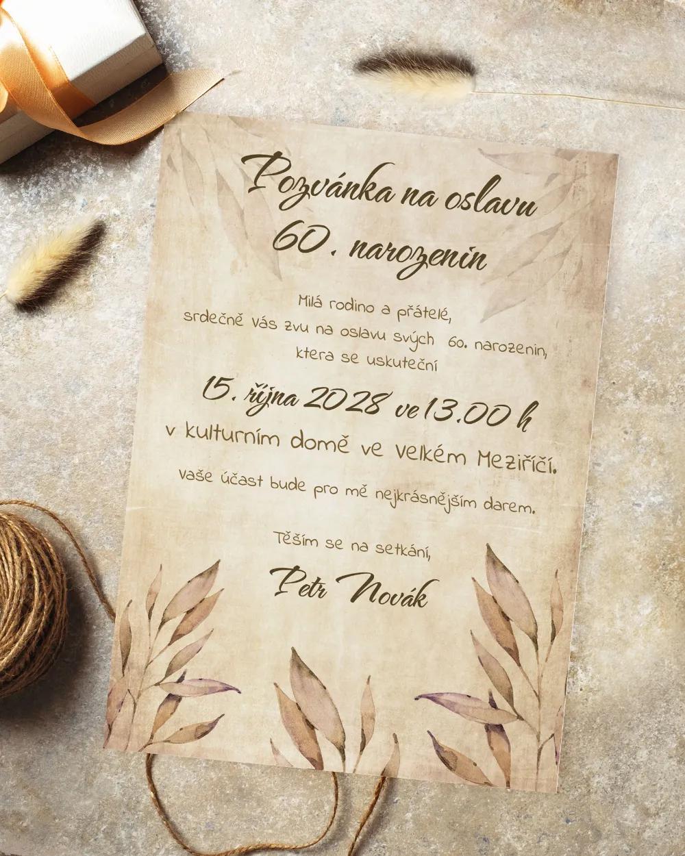 Pozvánka na narozeniny Vintage listy