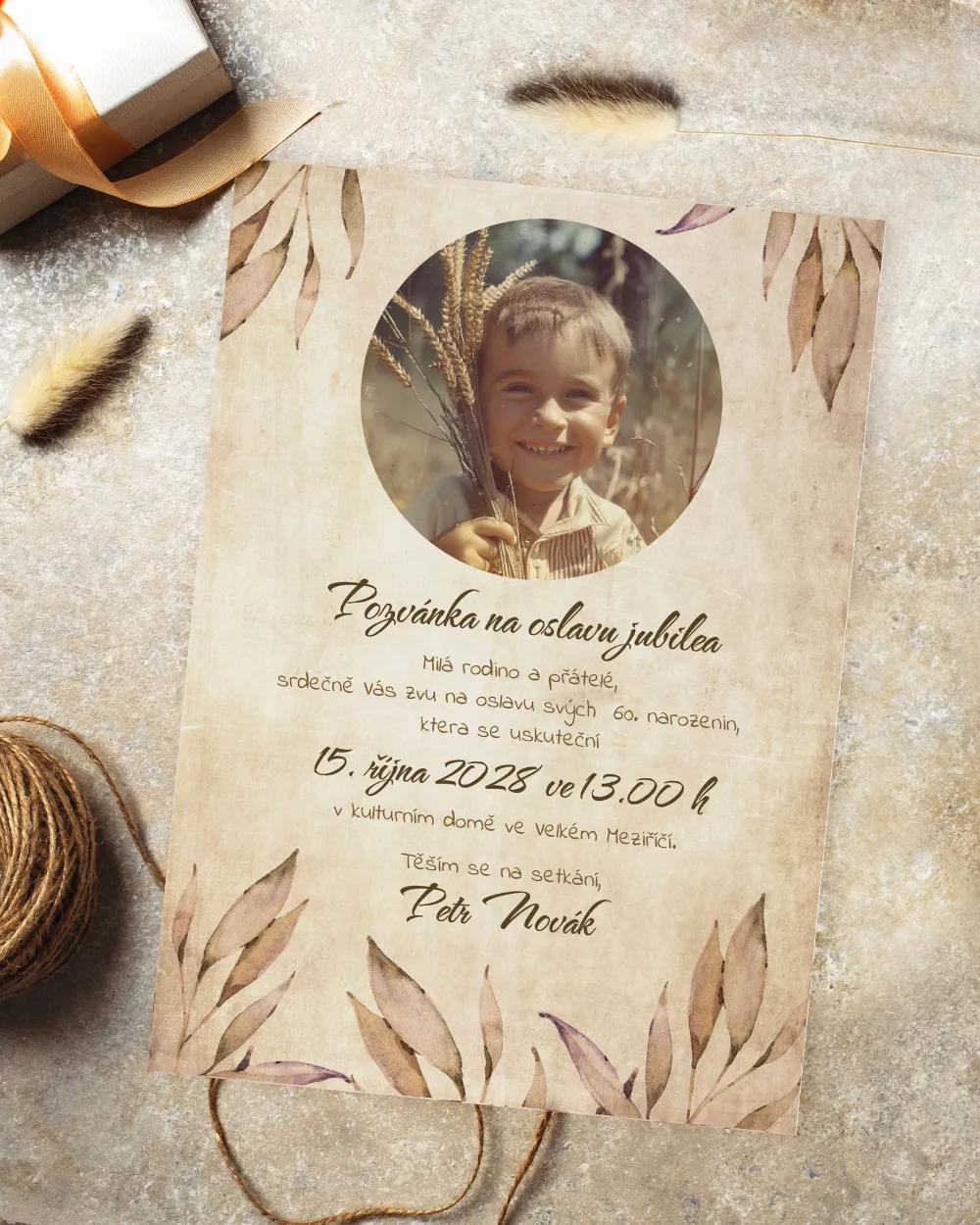 Pozvánka na narozeniny s fotkou Vintage listy