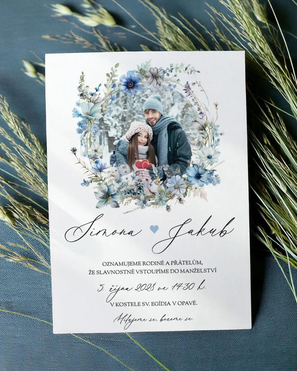 Svatební oznámení s fotkou - Modrý věneček